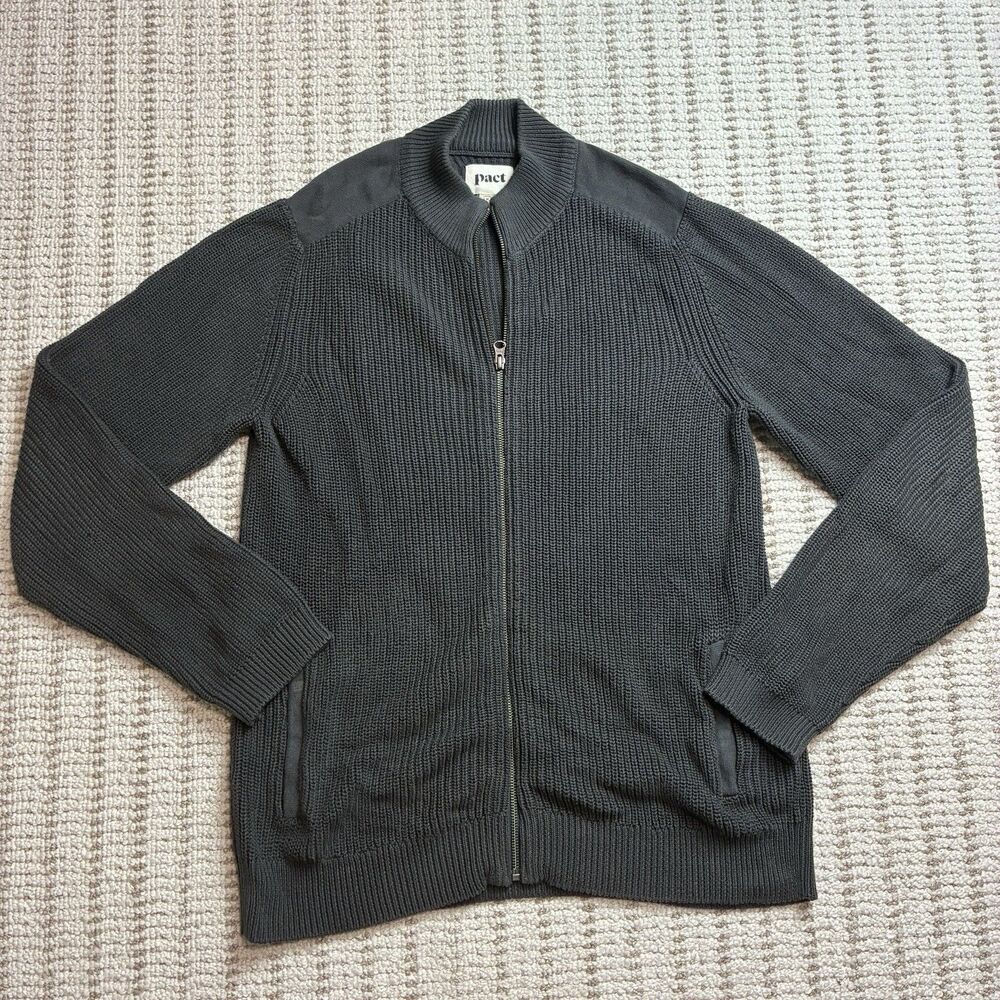 Pact Organic Cotton Full Zip Cable Knit Sweater Cardigan Gray Mens M Long Sleeve